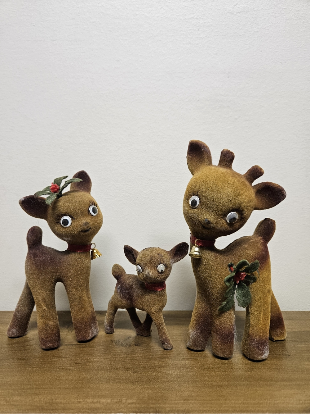Vintage Mid-Century Flocked Deer Family- Retro Christmas Kitsch Googly Eye Fawns